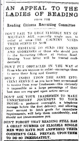 Advert on 15th May 1915 appealing to women to put pressure on men to enlist