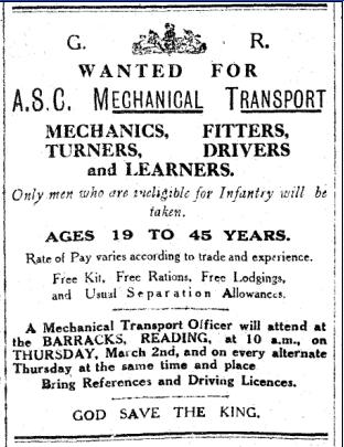 An appeal for mechanic, fitters, etc., for the Army Service Corps