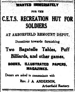 An appeal for donations for the C.E.T.S. Hut at the Remount Depot 