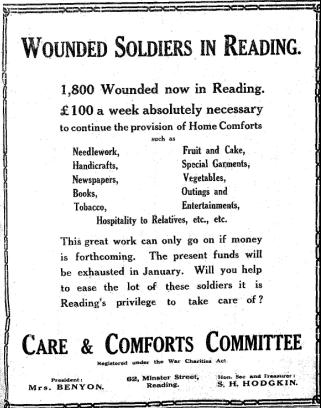 Appeal from 9th December 1916 from Reading Care and Comforts Committee