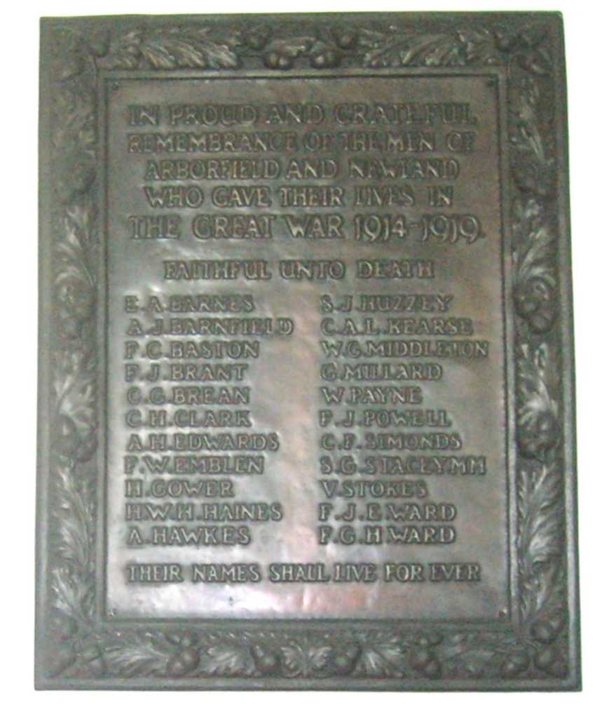 The War Memorial plaque at Arborfield Church