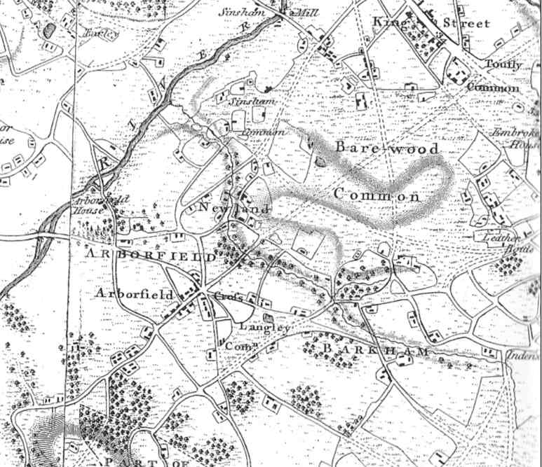 Part of Thomas Pride map of 1790 showing Bare wood and other commons